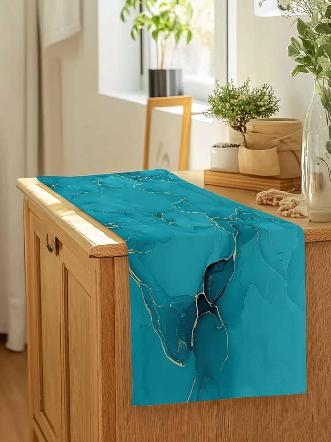 Teal Marble Table Runners 108 Inches Long, Turquoise Marble Crack Table Runner - Image 7