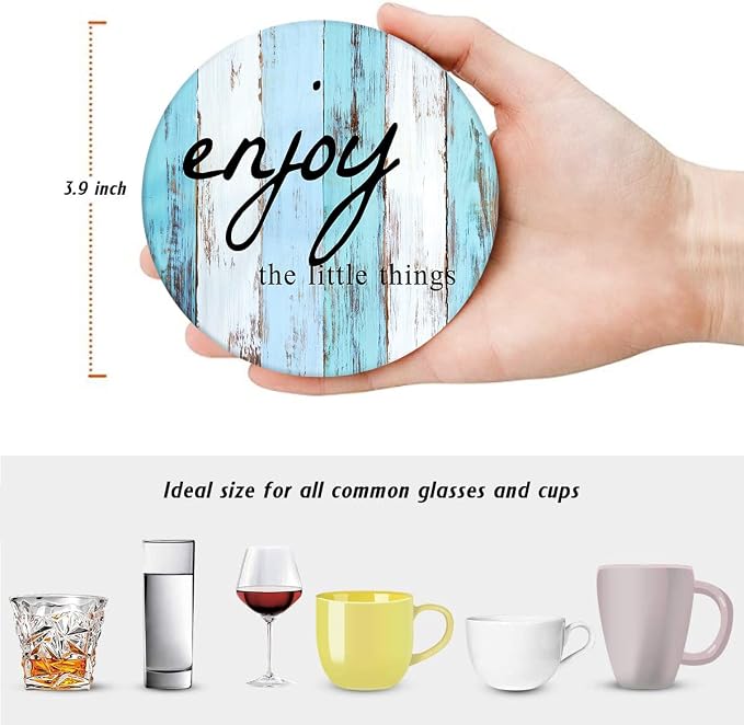 Coasters for Drinks, Ceramic Stone, Vintage Blue | White Wooden Old Absorbent - Image 5
