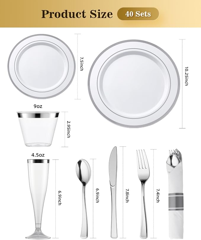 320 PCS Disposable Silver White Plastic Dinner Plate - Image 2
