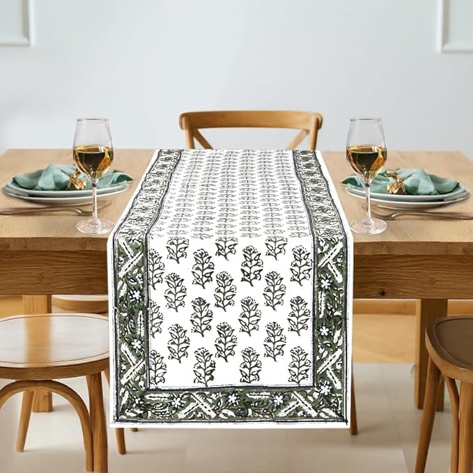 Evergreen Hand Block Print 100% Cotton Reusable Table Runner 16" X 90" Inches by Ridhi