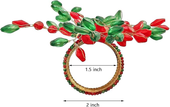 ITOS365 Handcrafted Beaded Napkin Rings Set of 12 – Red & Green Crystal Flower - Image 6