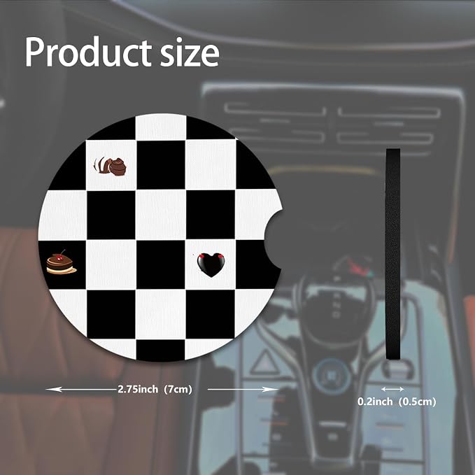 2pcs Black and White Checkerboard Car Coasters, Absorbent Universal neoprener - Image 2