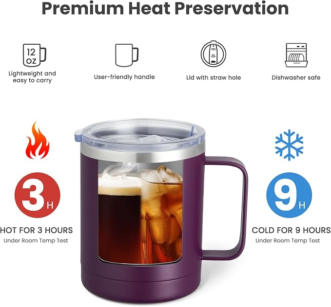 MEWAY 12oz Coffee Mug With Handle and Sliding Lid, Stainless Steel Travel - Image 2