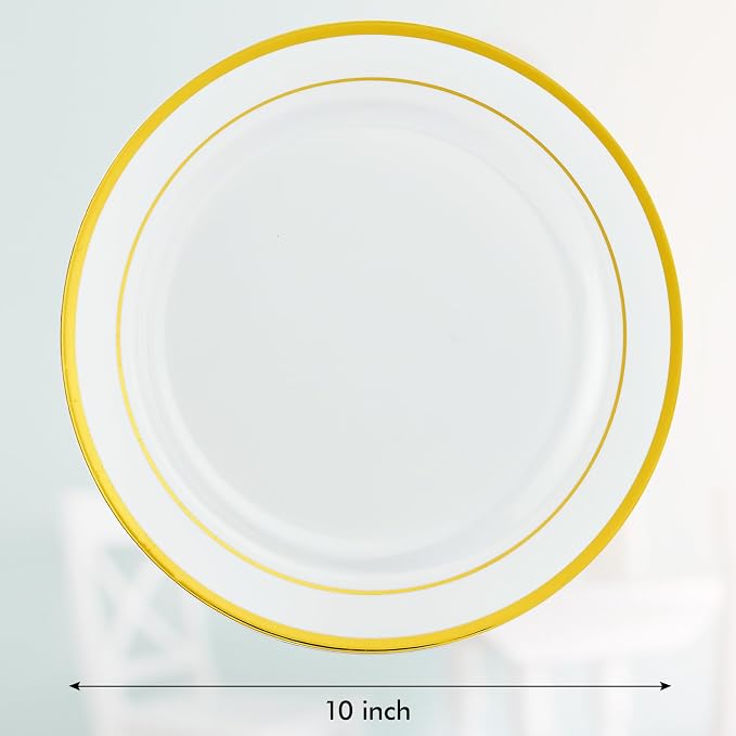 Vplus 100 Pack 10 in Gold Rimmed White Disposable Plastic Plates - Image 6