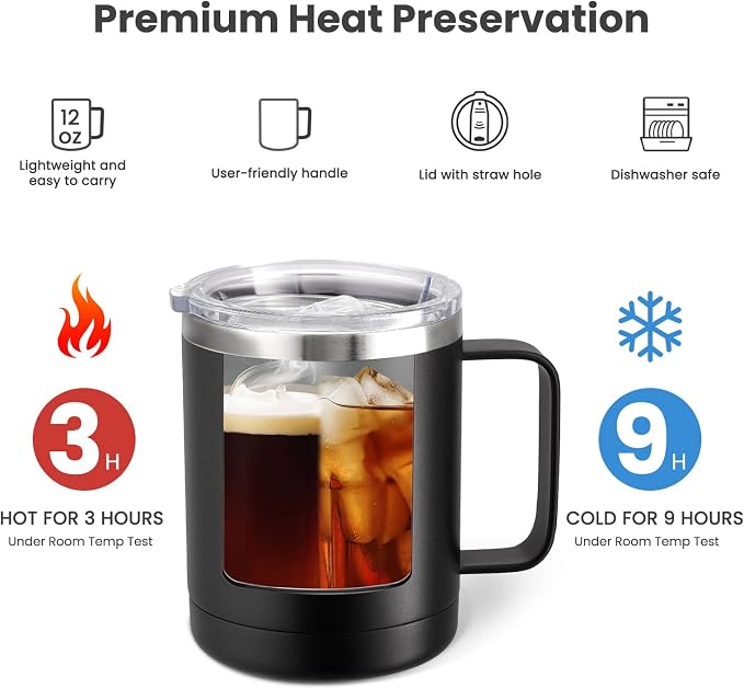 MEWAY 12oz Coffee Mug With Handle 2 Pack Bulk, Stainless Steel Insulated Travel - Image 3