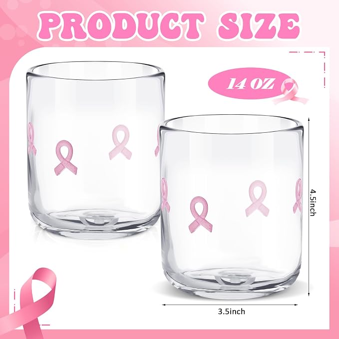 SiliFine 2 Pcs Pink Ribbon Icon Juice Glasses - 14oz Cancer Ribbon Stemless - Image 3