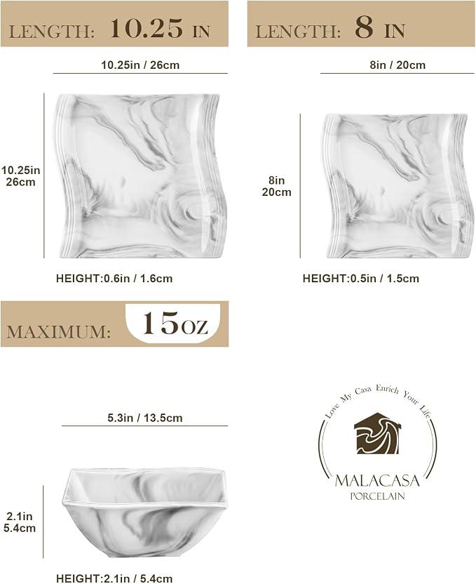MALACASA Plates and Bowls Set, 12-Piece Modern Porcelain Dinnerware - Image 2