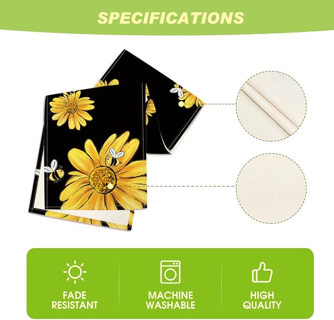 Artoid Mode Bee Sunflower Table Runner Black, Seasonal Spring Summer Flowers - Image 5