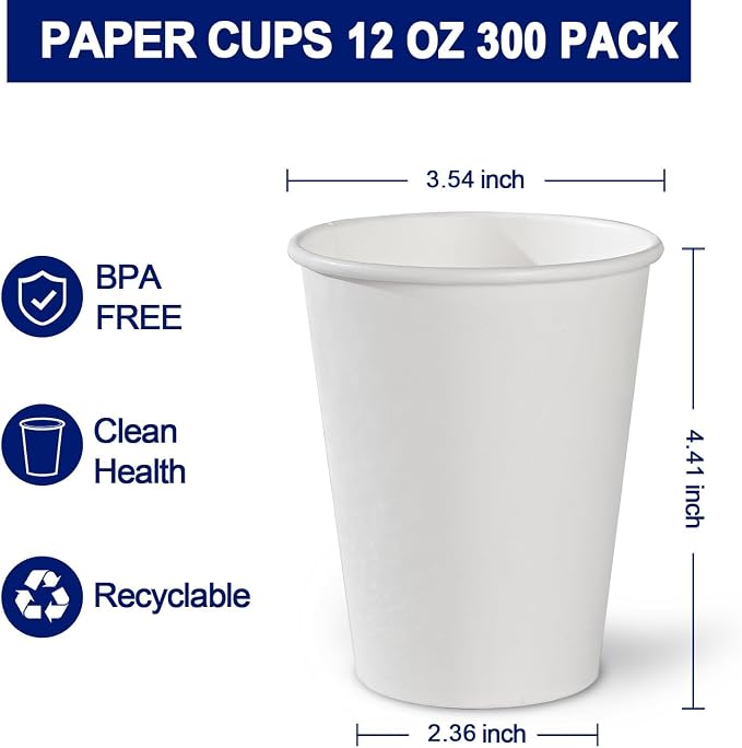 Clawsoff 300 Count 12 oz Paper Coffee Cups Disposable White Hot Coffee Cups | - Image 2