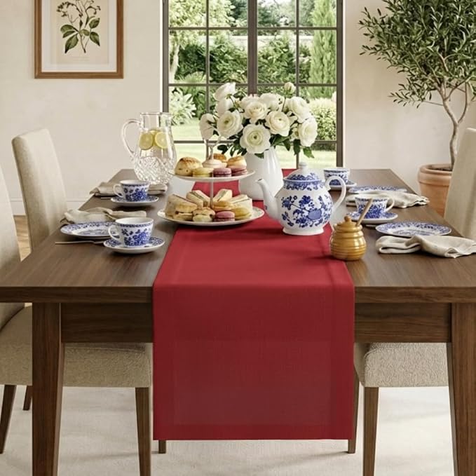 Classic Linen™ by D'Moksha Red Table Runner 132 Inches Long, 100% Pure Linen by DMokshaHomes