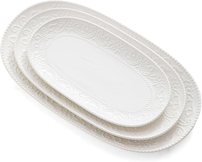 Oval Serving Platter, Embossed White Serving Plates, Stackable Porcelain Tray by FEENMAICeramicHome