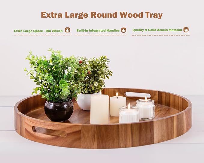 Extra Large Round Serving Tray, Heavy Duty Acacia Wood Trays - Image 2