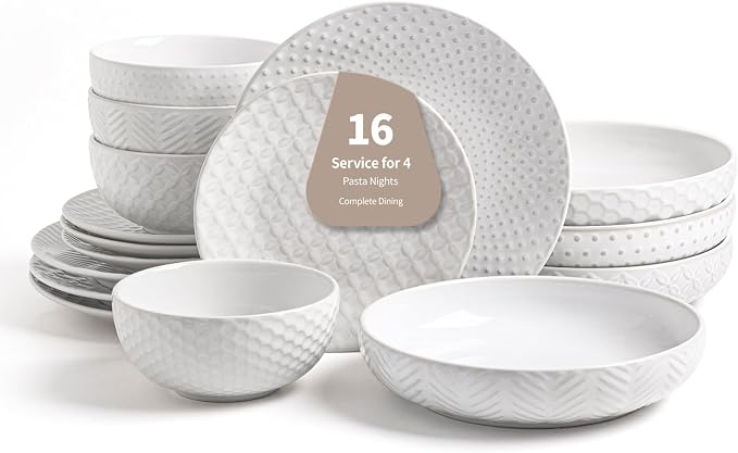 FOBENTA 16-Piece Ceramic Plates and Bowls Set, Dual Bowl Dish Set by FOBENTA