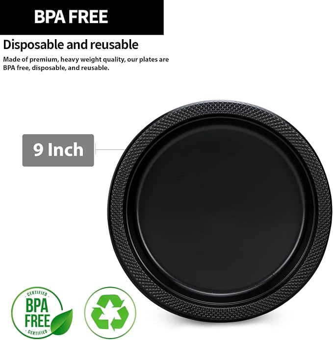 Black Plastic Plates 9 Inch - Image 2