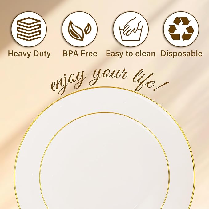 Nervure 100Pcs Ivory and Gold Plastic Plates, 7.5″Disposable Dessert Plates | - Image 9