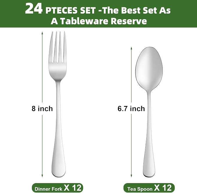 24 Pcs Forks and Spoons Silverware Set, Food Grade Stainless Steel Flatware - Image 2