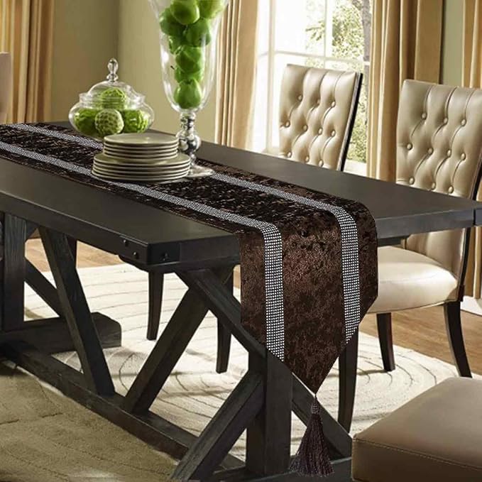 Elegant Rhinestone Brown Table Runner 120 Inches Extra Long, Ombre Velvet | - Image 6