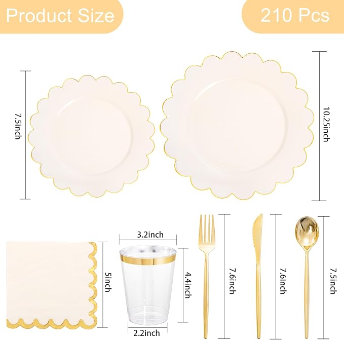 LIYH 210Pcs Ivory Scalloped Plastic Plates, Elegant Platos Desechables Elegantes - Image 2