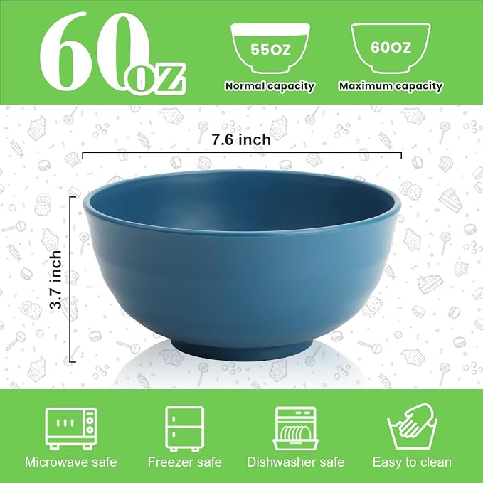 Wheat Straw Bowls Set of 6, 60 OZ Unbreakable Camping Bowls, Microwave Safe & - Image 2
