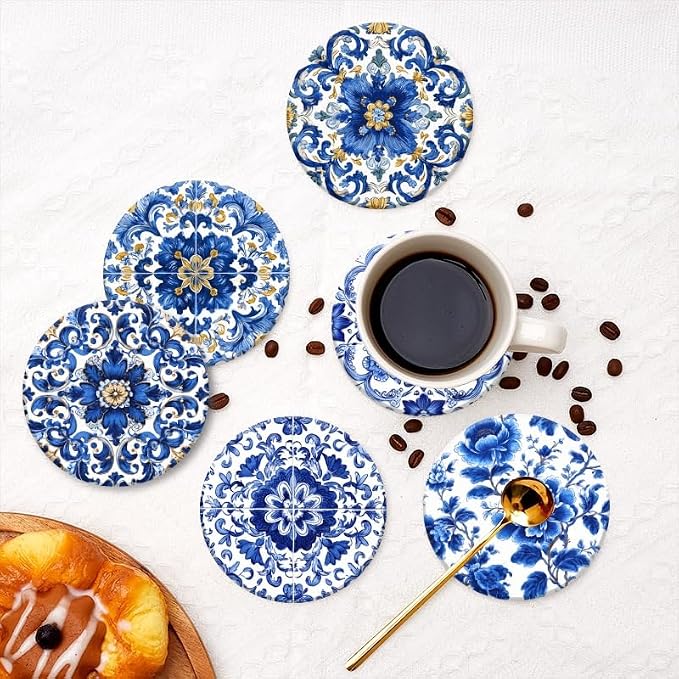 Drink Coasters Set of 6 with Holder Blue and White Porcelain Coasters, Modern - Image 7