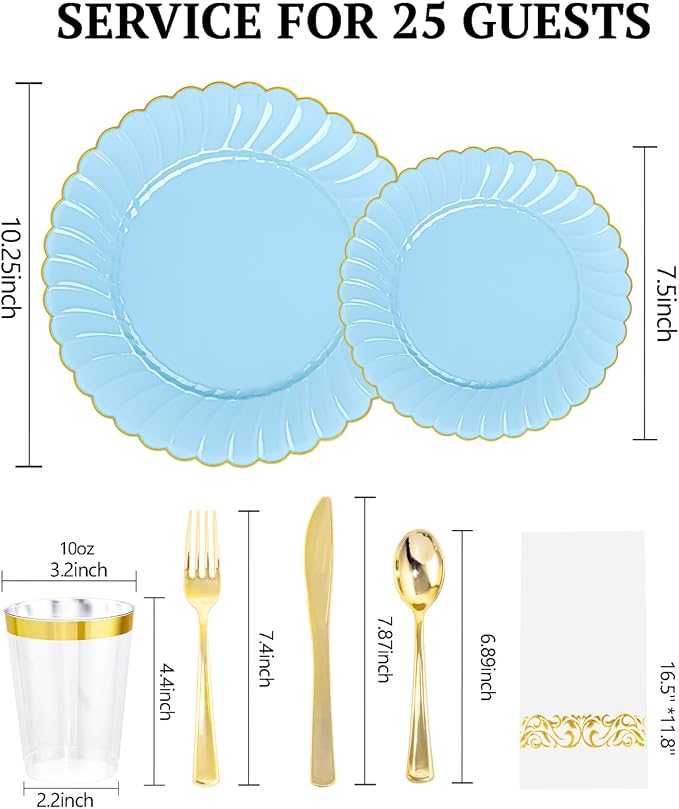 YOUBET 175PCS Light Blue Scalloped Plastic Plates - Image 2