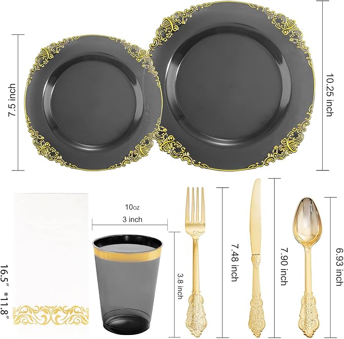 Nervure 175Pcs Black Plastic Plates, Plastic Dinnerware Set - Image 7