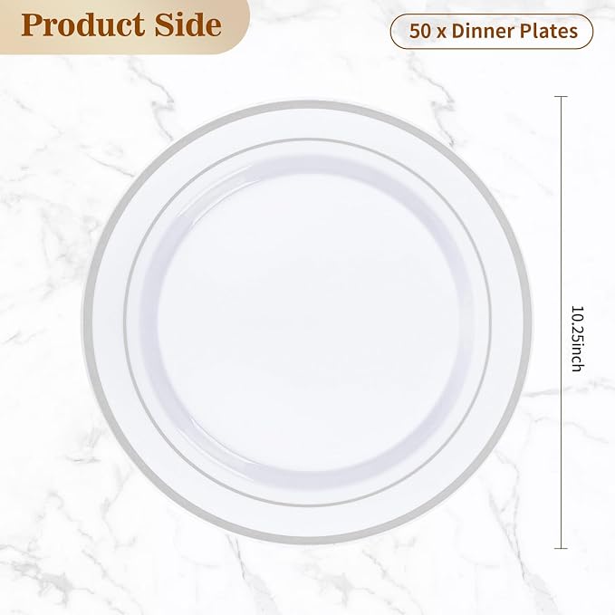 BESTVIP 50Pcs Silver Plastic Plates, 10.25 Inch Disposable Party Plates | Heavy - Image 4