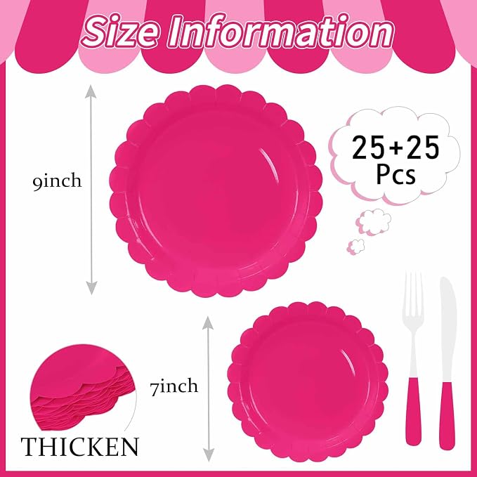 50 Pcs Hot Pink Scalloped Paper Plates 25 × 7'' and 25 × 9'' Disposable Hot - Image 3