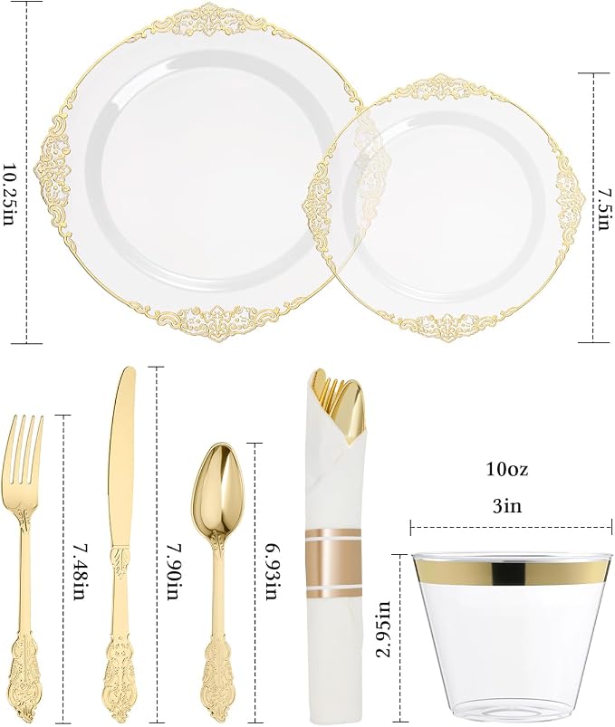 350 Piece Clear Gold Plastic Dinnerware Set - Image 2