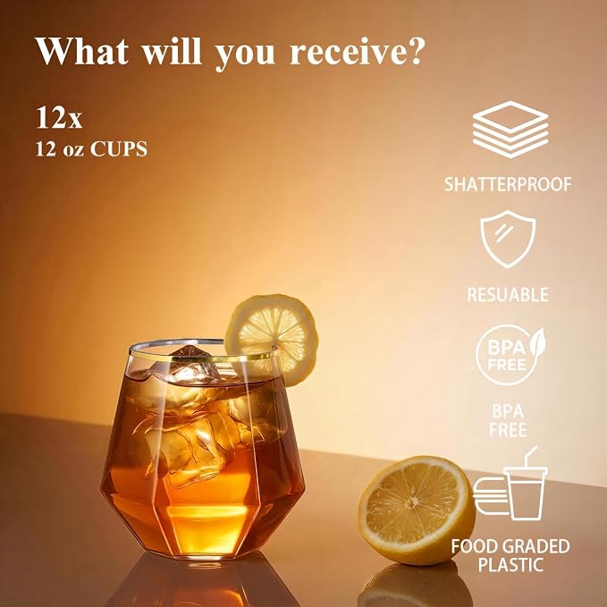 BESTSTAR 24 Pack Gold Rim Plastic Wine Glasses Set, BPA-Free Shatterproof | 12 - Image 4