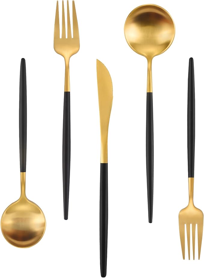 Matte Gold Silverware Set With Black Handle, IBIILII JEFF 40 Pieces Stainless by IBIILII+JEFF