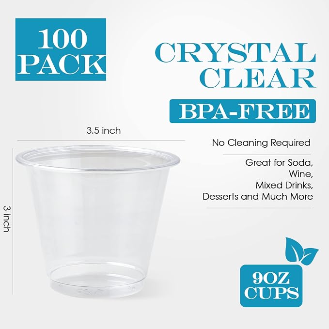 Turbo Bee 100 Pack 9oz Clear Plastic Cups, Disposable Crystal Drinking Cups - Image 4