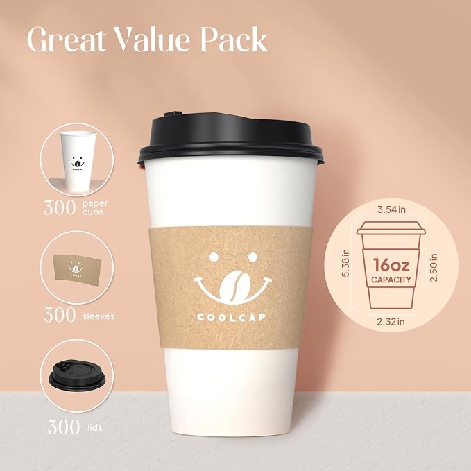 Coffee Cups with Lids and Sleeves, 16 oz 300 Pack To Go Cups with Lids - Image 2