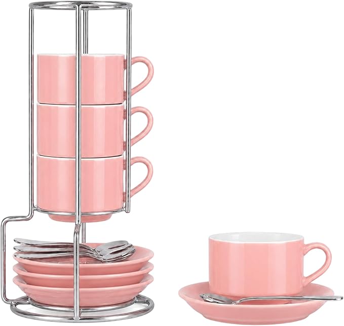 3 Ounce Espresso Cups Set of 4, Includes Display Stand, Coffee Cups Saucers by Renewrevital