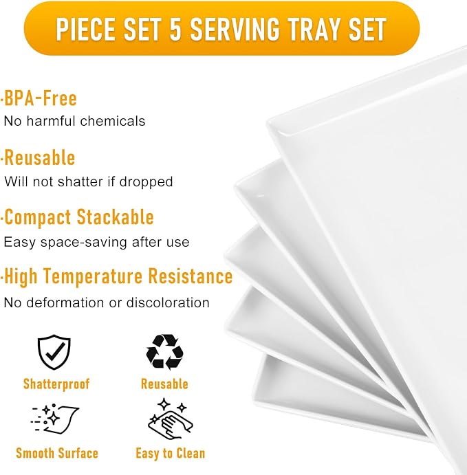 Moretoes 5pcs Melamine White Serving Trays 14.5x6in Rectangular - Image 3