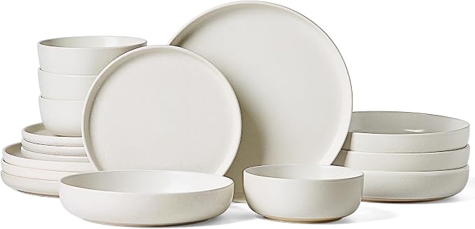 Famiware Milkyway 16-Piece Stoneware Plates and Bowls, Matte Beige White | by Famiware