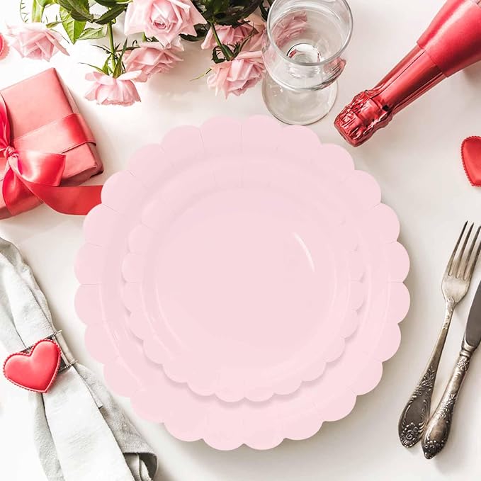 50 Pcs Light Pink Scalloped Paper Plates 25 × 7'' and 25 × 9'' Disposable Pink - Image 4