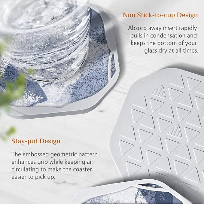 UMIRRO Absorbent Felt & Silicone Drink Coasters Set of 4, Distressed Floral | - Image 5