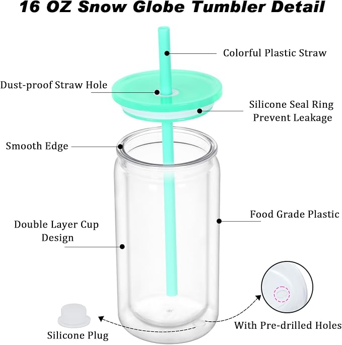 16 oz Plastic Snow Globe Tumbler, 4 Pack Double Wall Snowglobe Tumbler - Image 4