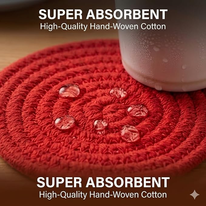 4.8 Inch Drink Cotton Coasters Set of 4, Large Absorbent Handmade Woven Coaster - Image 4