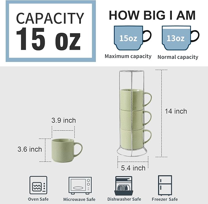 HASENSE Coffee Mugs Set with rack, 15 Ounce Porcelain Stackable Large Coffee - Image 3