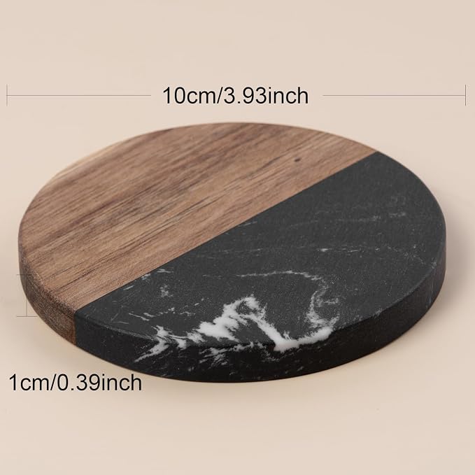 Marble Coasters: 4-Piece Set of Acacia Wood Marble Coasters, Suitable - Image 3