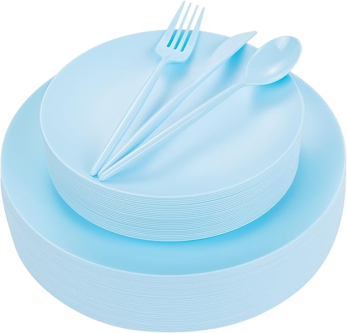EI 150pcs Blue Plastic Plates Disposable Light Blue Baby Shower Plates Heavy by Ejonirinjonir