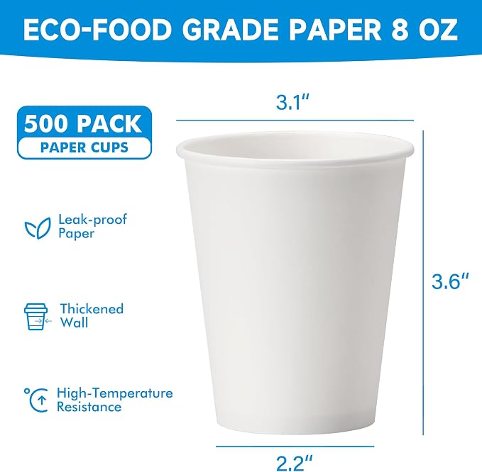 RACETOP 8 oz 500 Pack Disposable Paper Coffee Cups, Disposable Paper Cups - Image 2