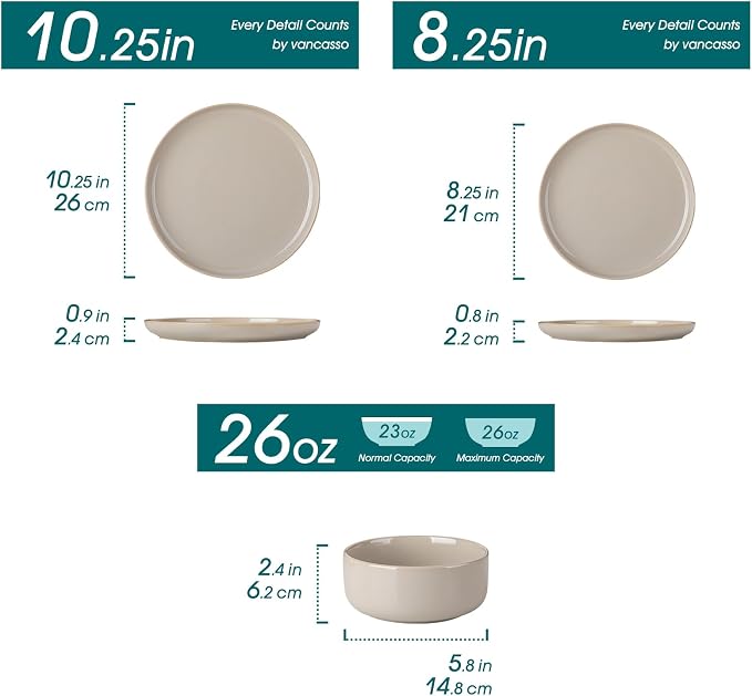 vancasso PLAYA Plates and Bowls Sets, 12 Pieces Grey Dinnerware Sets - Image 2