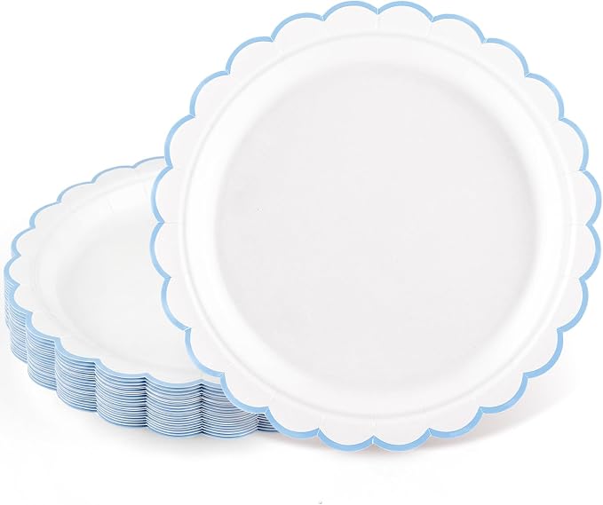 NatNarr 30 PK Light Blue Plates 7" Scalloped Blue White Dessert Cake Plates | by NatNarr