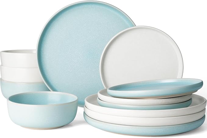 Famiware Milkyway 12-Piece Dinnerware Set, Matte Beige White & Light Blue | by Famiware