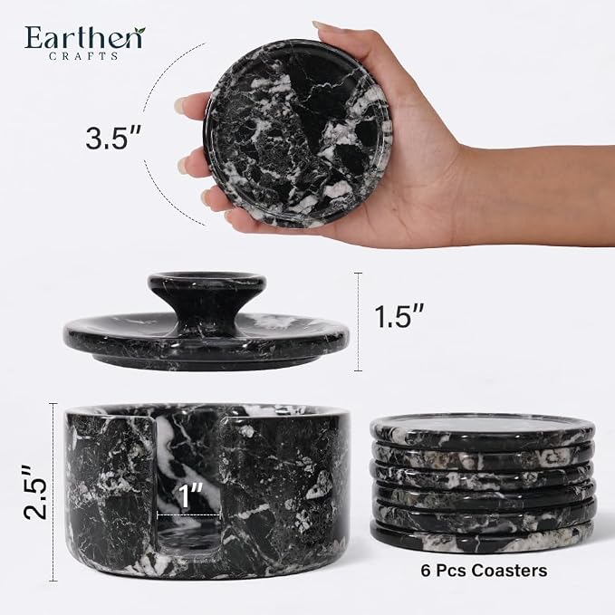 Marble Coasters Set of 6, 3.5" Inches Round Black Coaster - Image 3