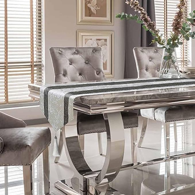 Elegant Sequin Rhinestone Creamy White Table Runner, Ombre Velvet, Modern Style - Image 6