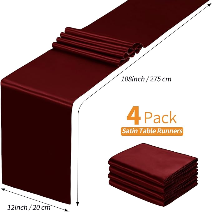 SiinvdaBZX 4 Pcs Burgundy Satin Table Runner 12 x 108 inches Long | Bright - Image 4